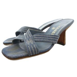 Chanel Coco Mark Denim Mule Heel Sandals Square Toe Canvas 37 Blue GV • GY62